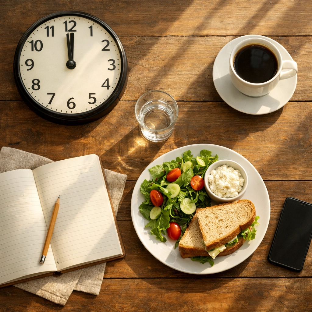 Peaceful noon lunch setting with journal and coffee representing intentional news processing at 12 PM