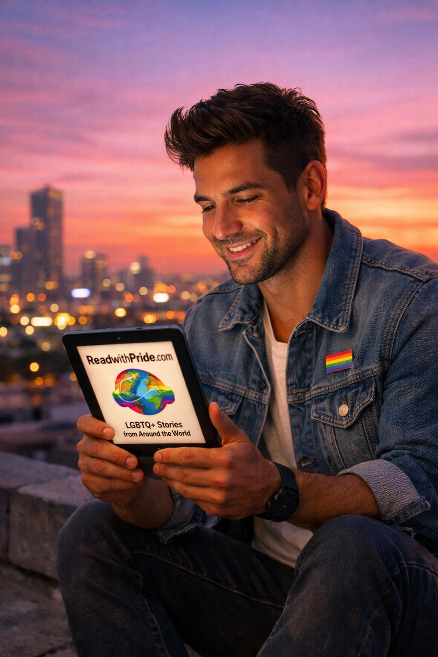 A man enjoying an LGBTQ+ ebook on a digital reader during a sunset, showing global access.