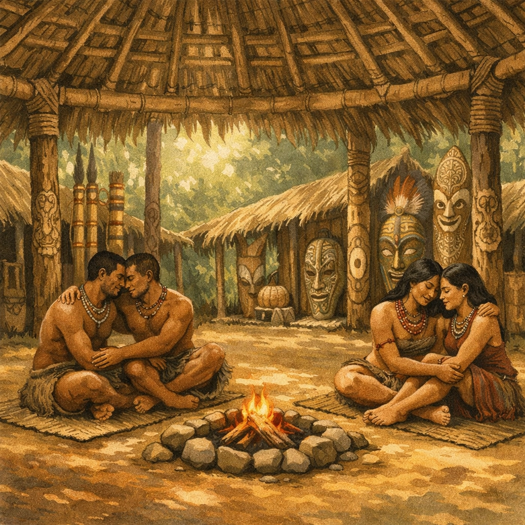 Traditional Sambia ceremonial gathering space in Papua New Guinea highland village