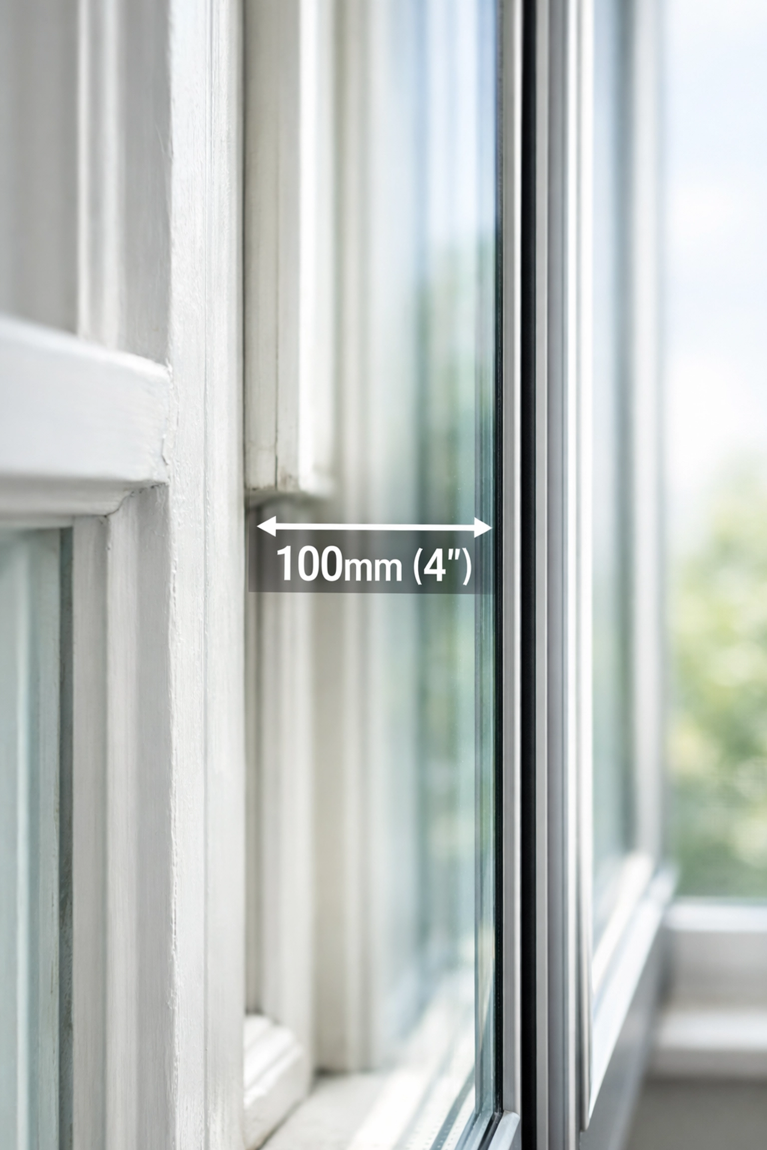A 100mm air gap between a primary window and secondary glazing for acoustic insulation.