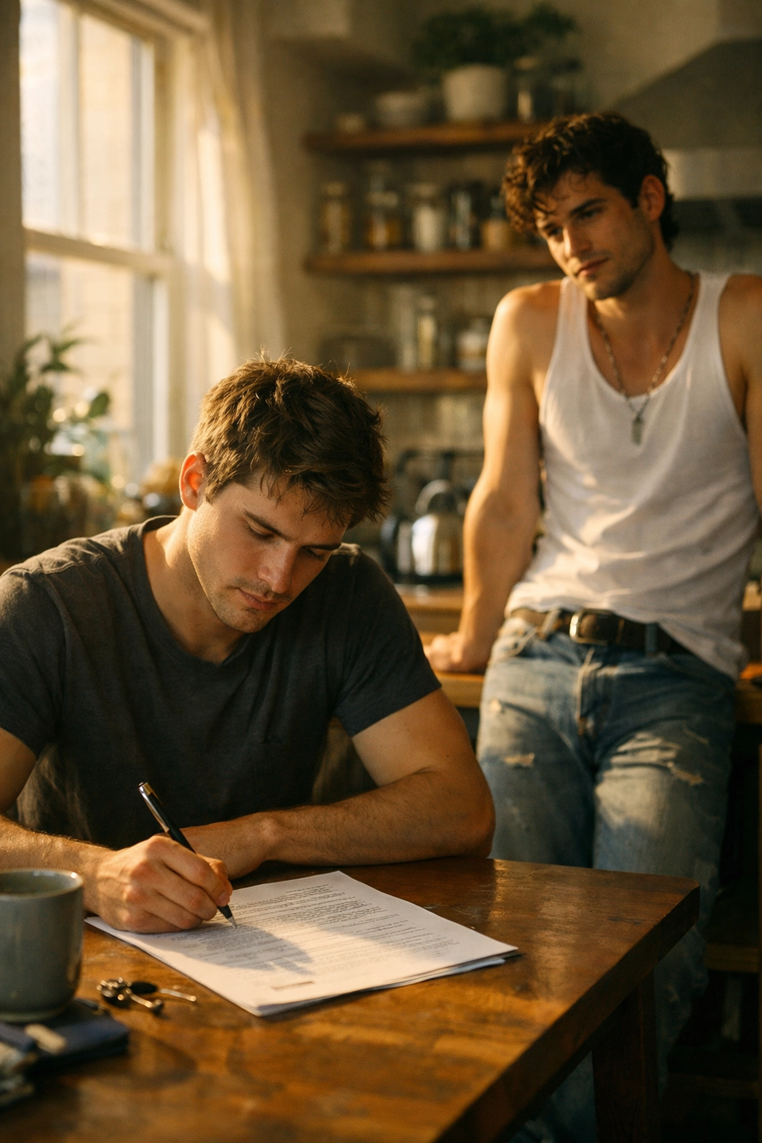 Two roommates in a sunlit kitchen with unspoken romantic tension while reviewing their agreement.