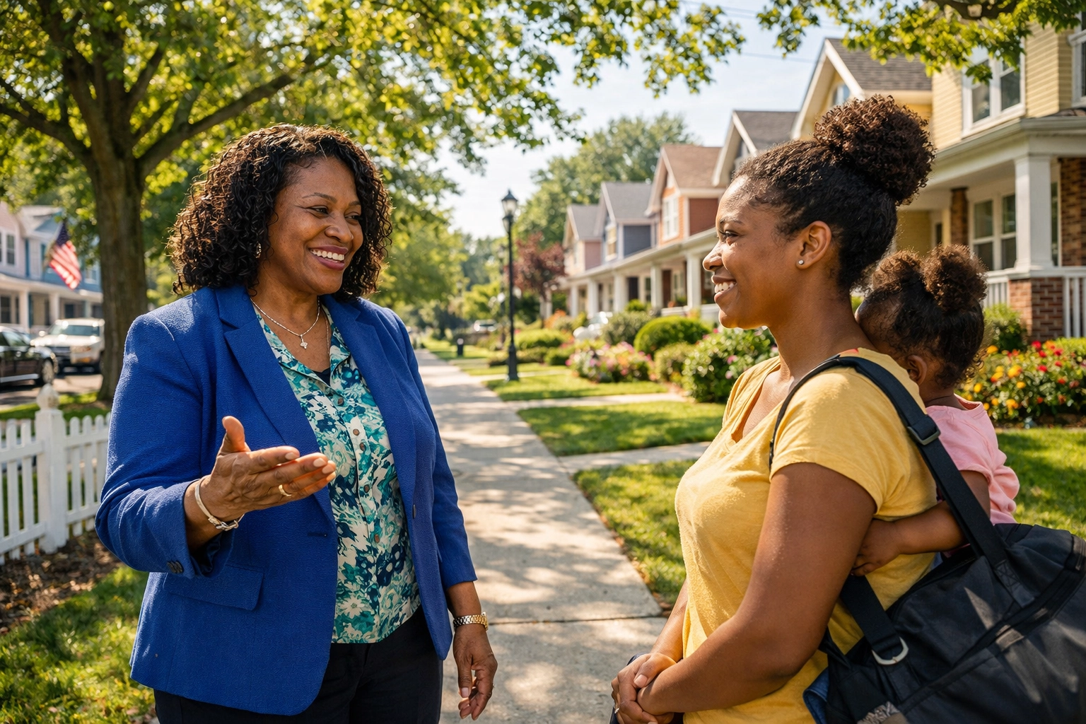 South Jersey volunteer mentor encouraging a young mother in a friendly Burlington County neighborhood.
