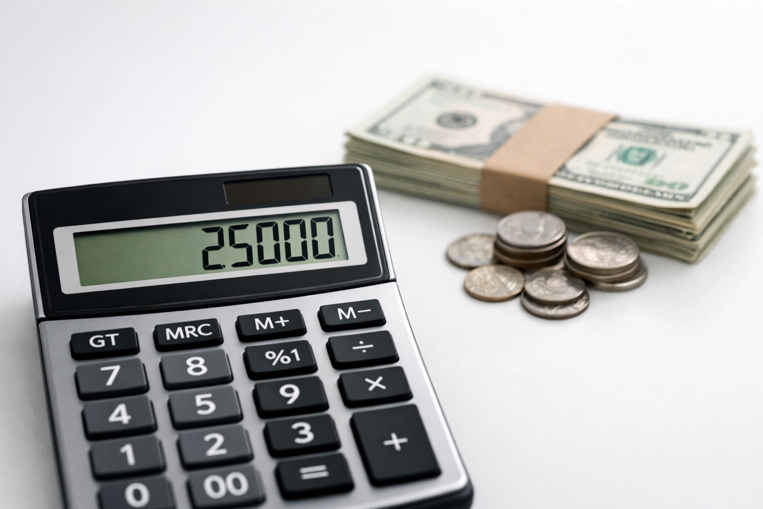 Calculator displaying $25,000 maximum tip deduction cap with cash tips on desk