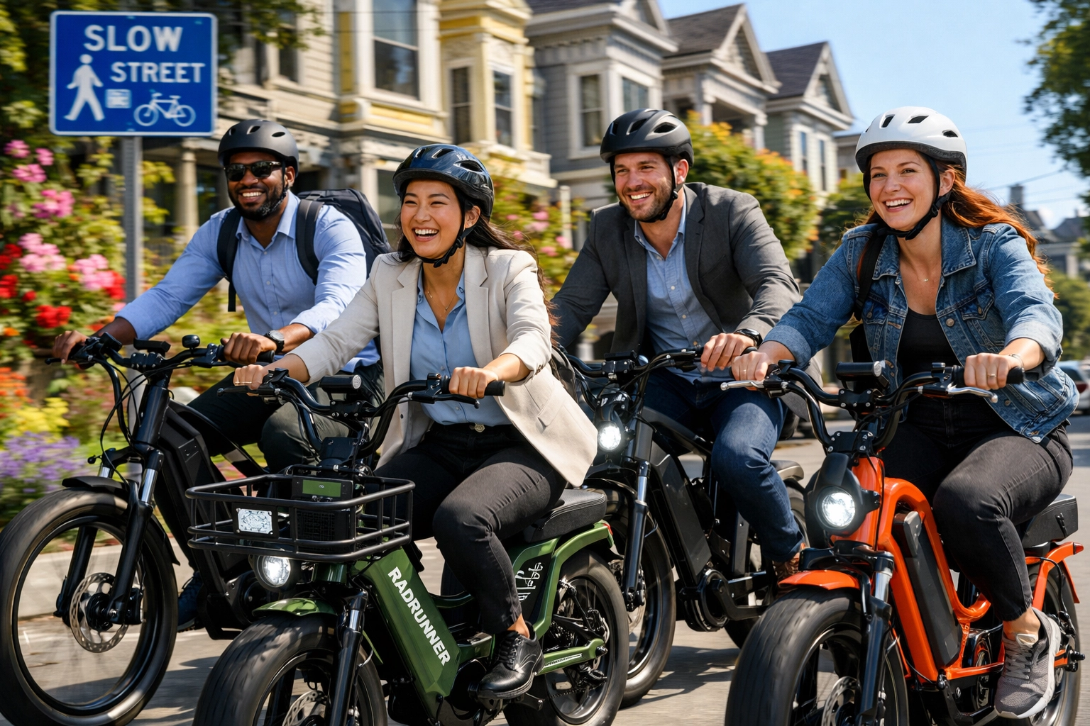 Corporate team members enjoying an e-bike team building tour through san francisco.