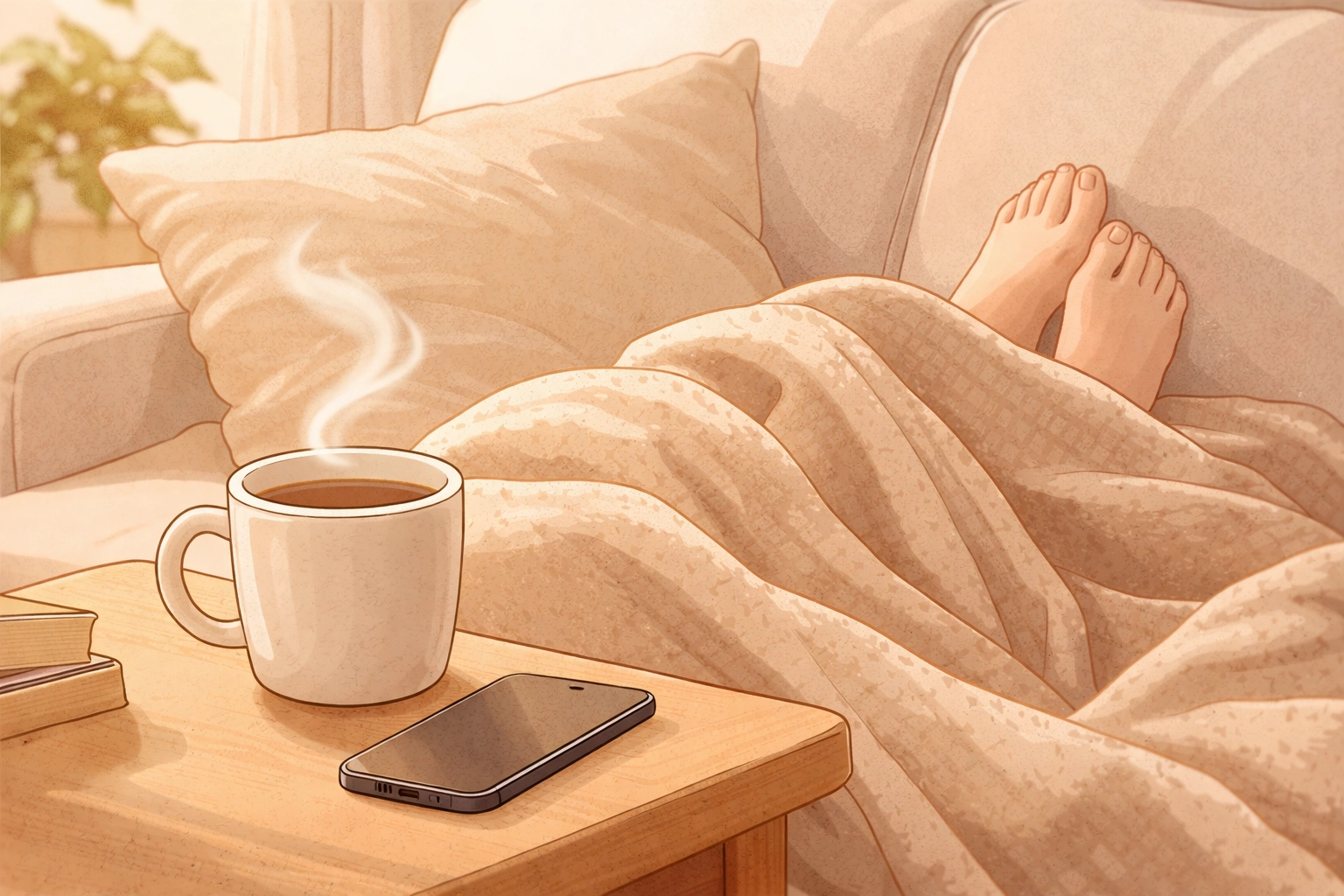 Person resting on a couch with a blanket and tea, illustrating emotional exhaustion after social events.
