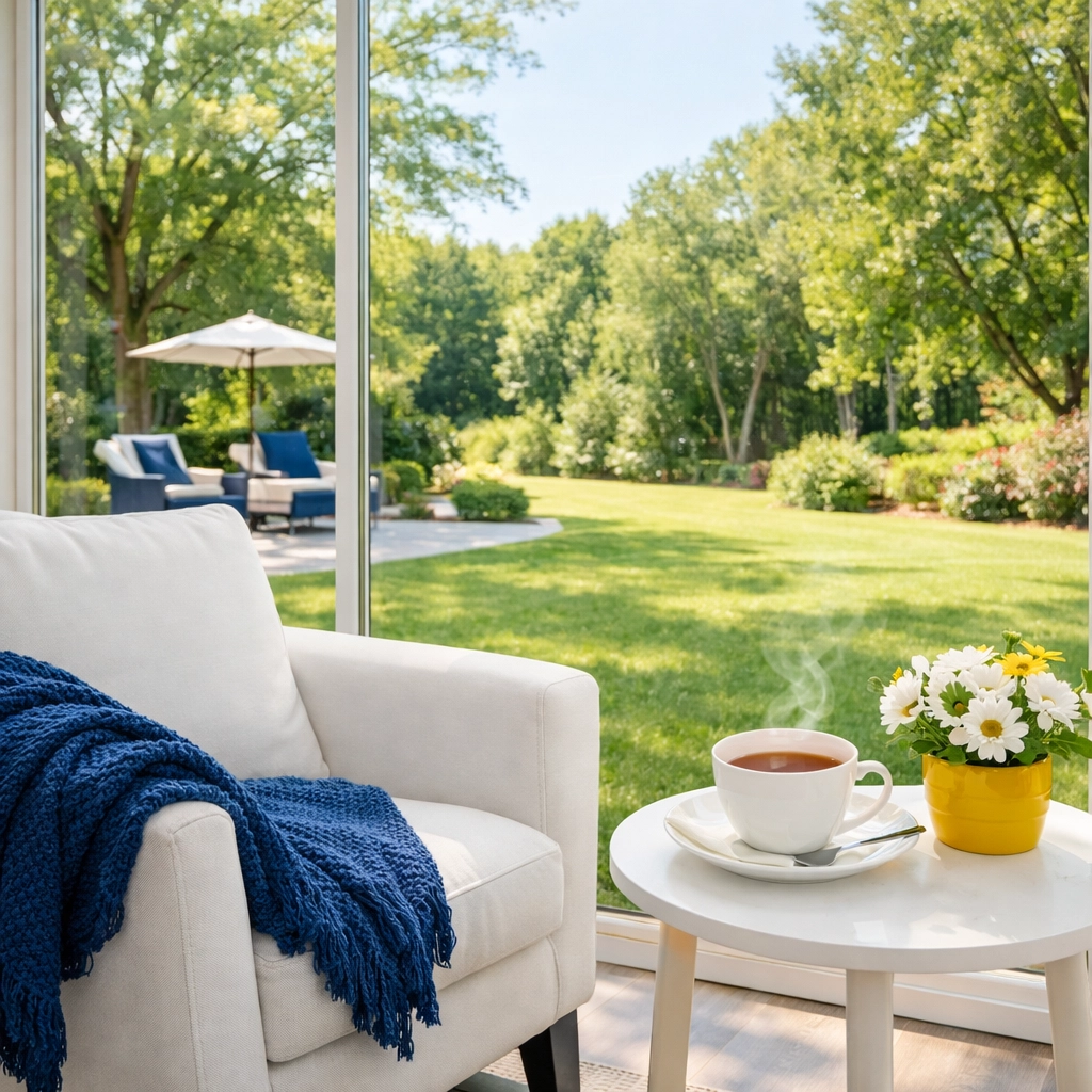Relaxing sunroom in Lexington, MA with sparkling clean glass doors and a tidy reading nook.