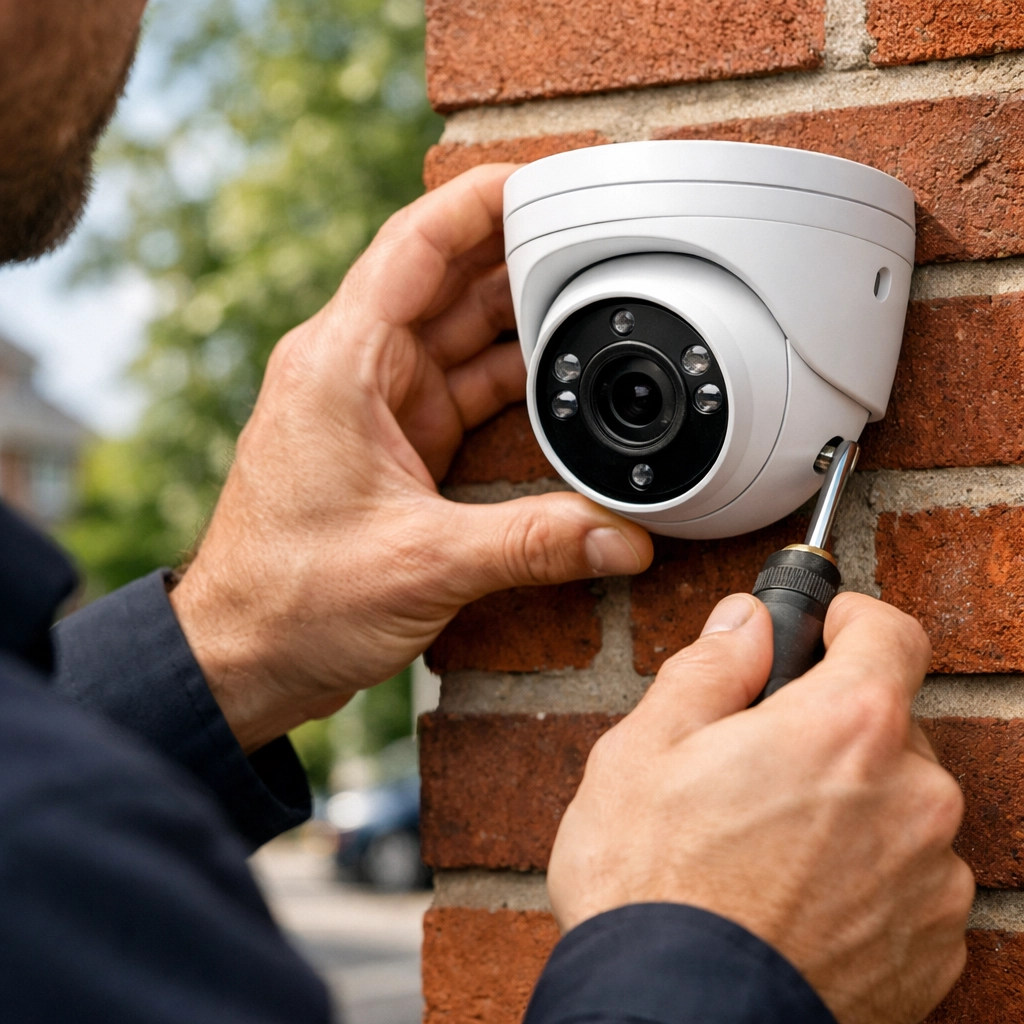 Professional installation of a high-definition NVR turret CCTV camera on a residential brick wall.