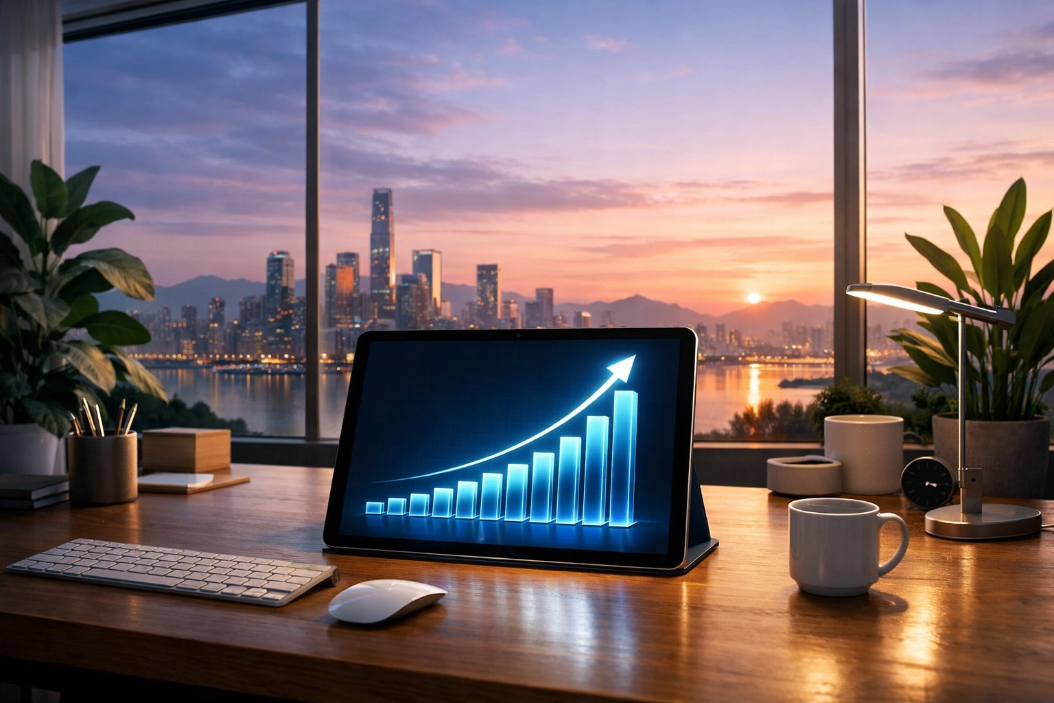 A modern home office at dawn with a tablet displaying a rising investment growth chart for wealth building.