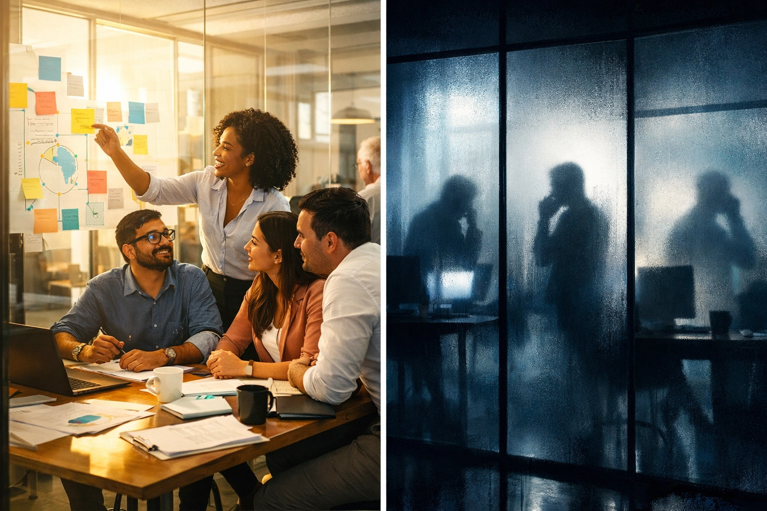 Workplace split showing transparent collaboration versus isolated fragmentation from poor AI governance