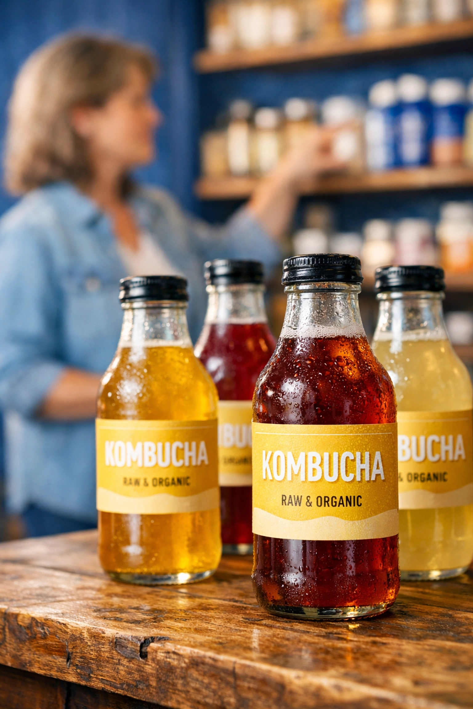 Artisanal kombucha bottles from independent makers, providing a natural way to help manage chronic inflammation.