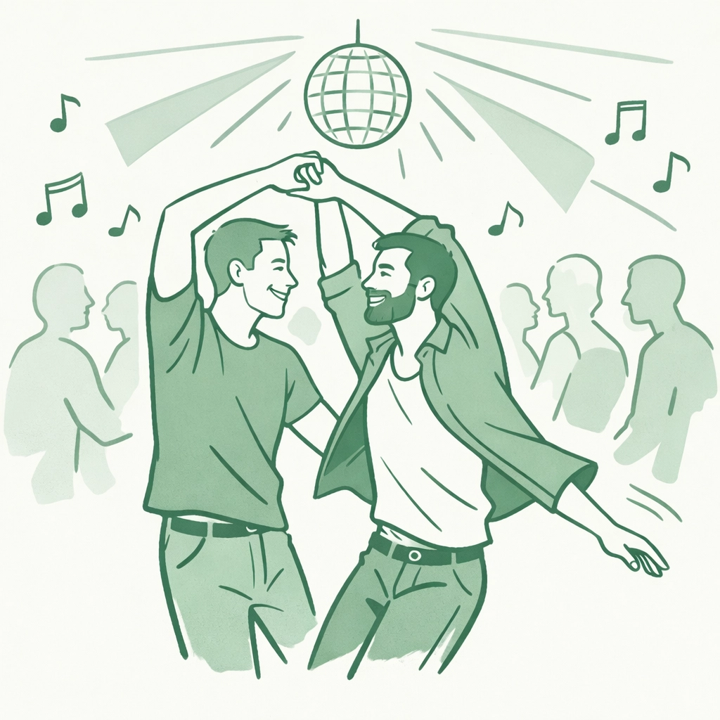 Two men dancing at San Francisco gay nightclub celebrating LGBTQ+ punk and new wave music