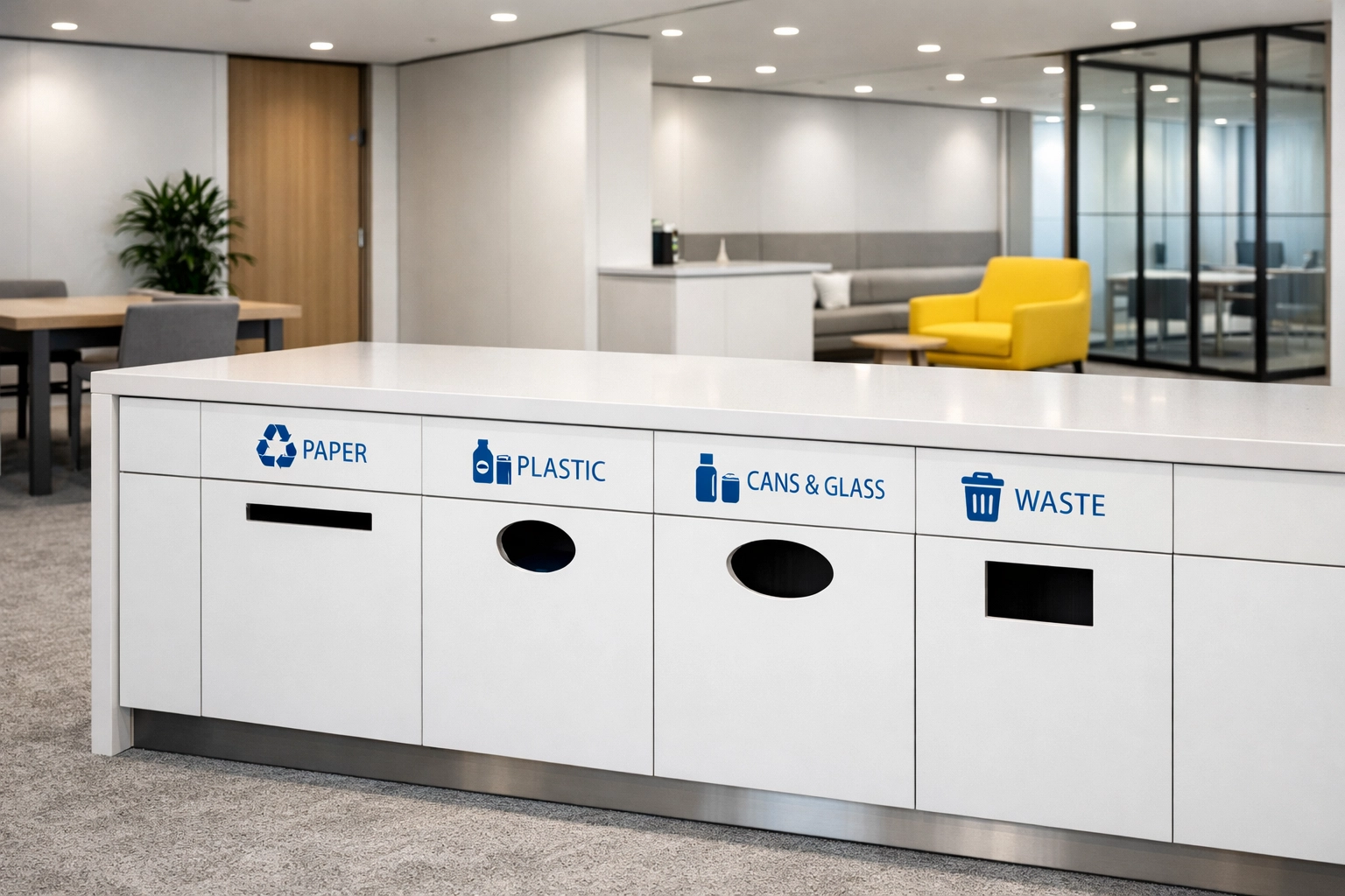 Minimalist office recycling station highlighting efficient waste management and clean workspace design.