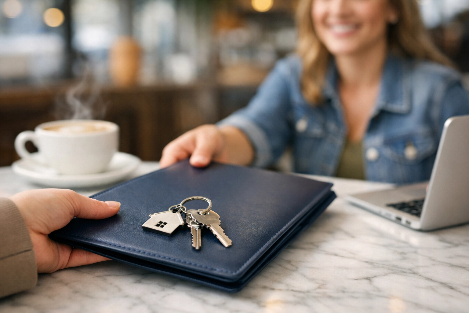 A Detroit real estate agent handing house keys to a client during a meeting for a first-time homebuyer in Detroit.