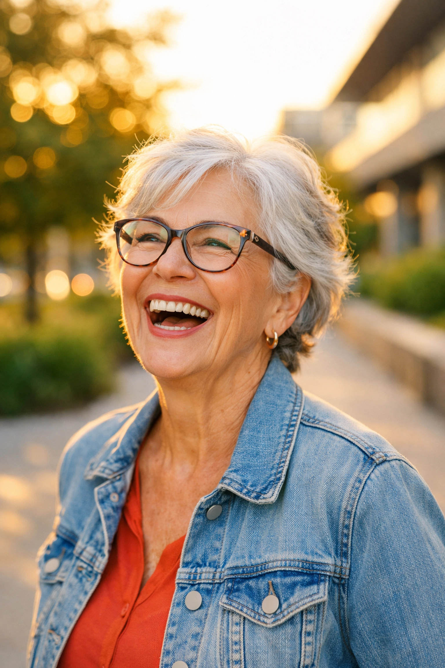 A joyful woman wearing glasses, illustrating the importance of vision coverage and Medicare benefits.