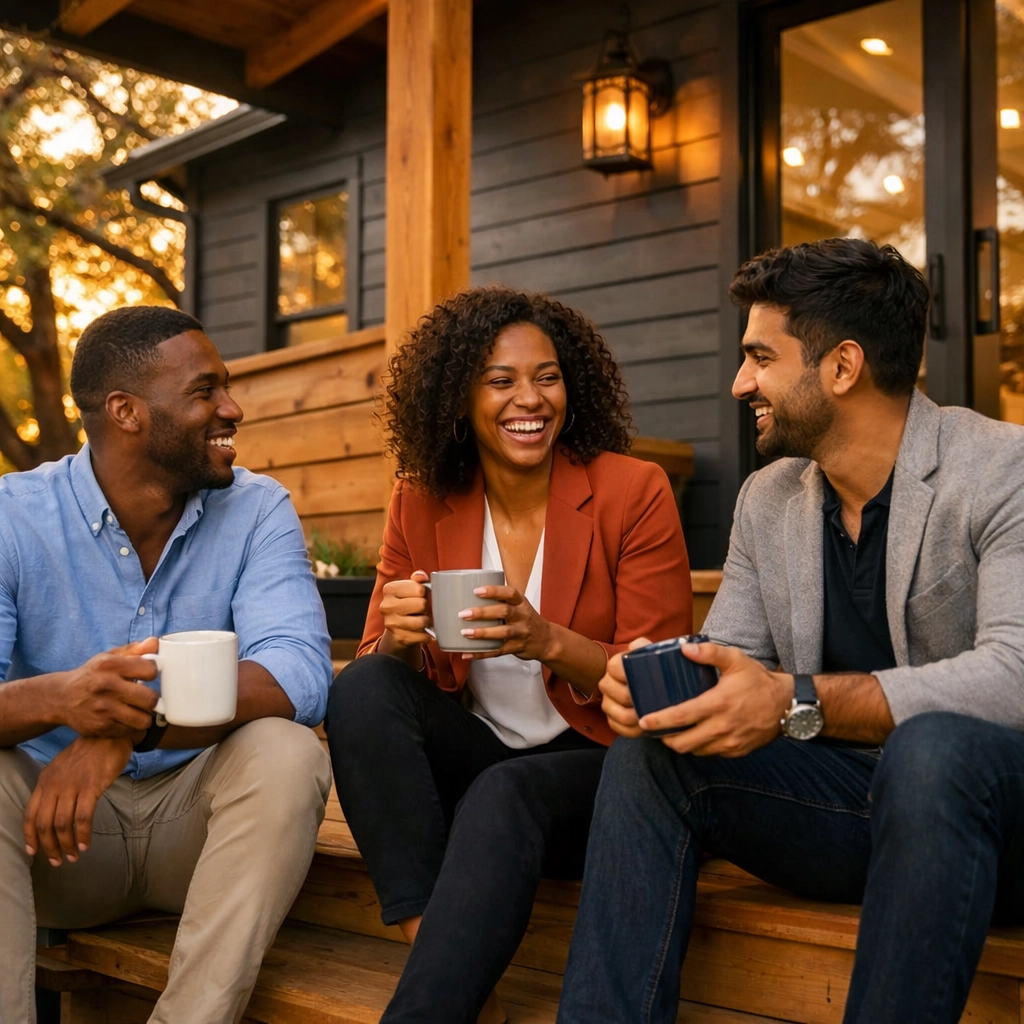 Diverse homeowners relaxing on the porch of a renovated modern farmhouse in a Raleigh neighborhood.