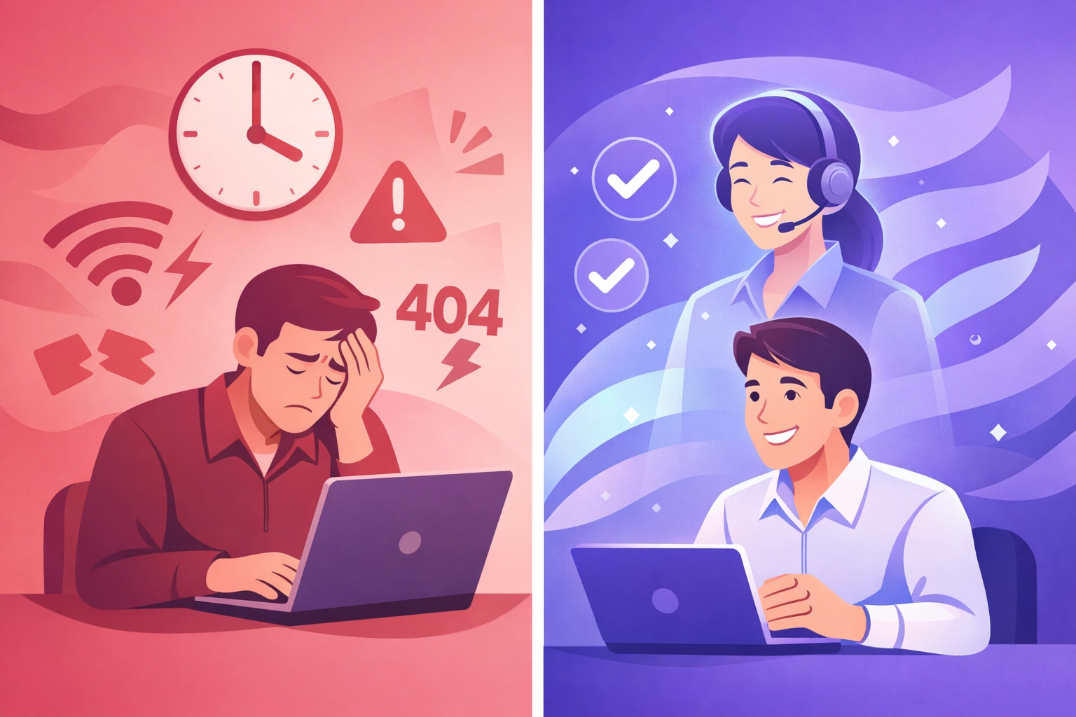 Business owner relieved by 24/7 help desk support vs frustrated late-night tech problems