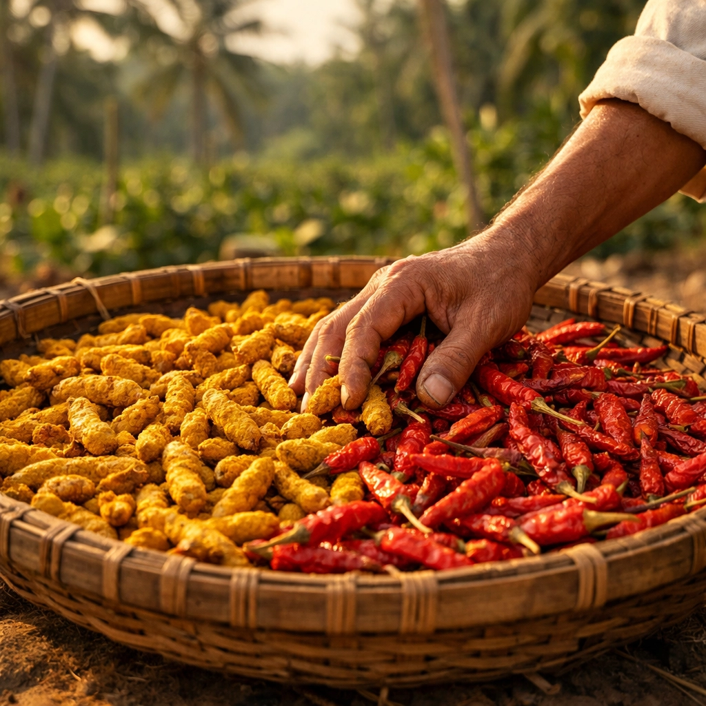 Traditional sun-drying of organic turmeric roots and red chili peppers on a Kerala spice farm.