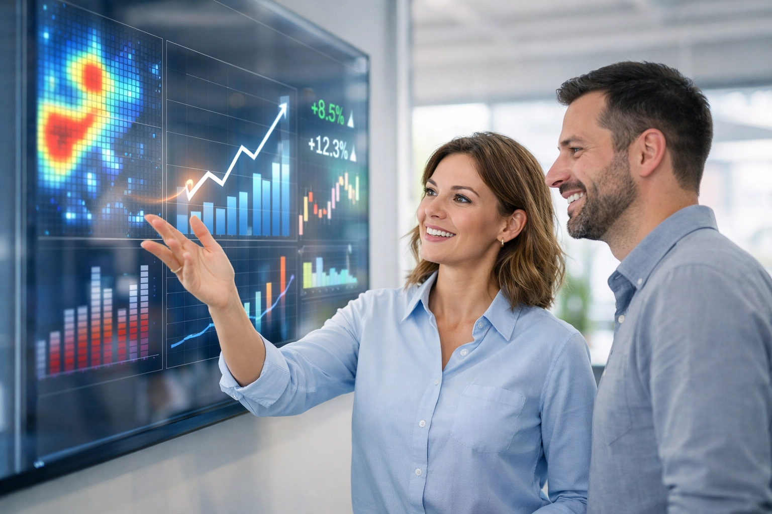 Colleagues using a workforce analytics dashboard to drive transparent decision-making and trust.