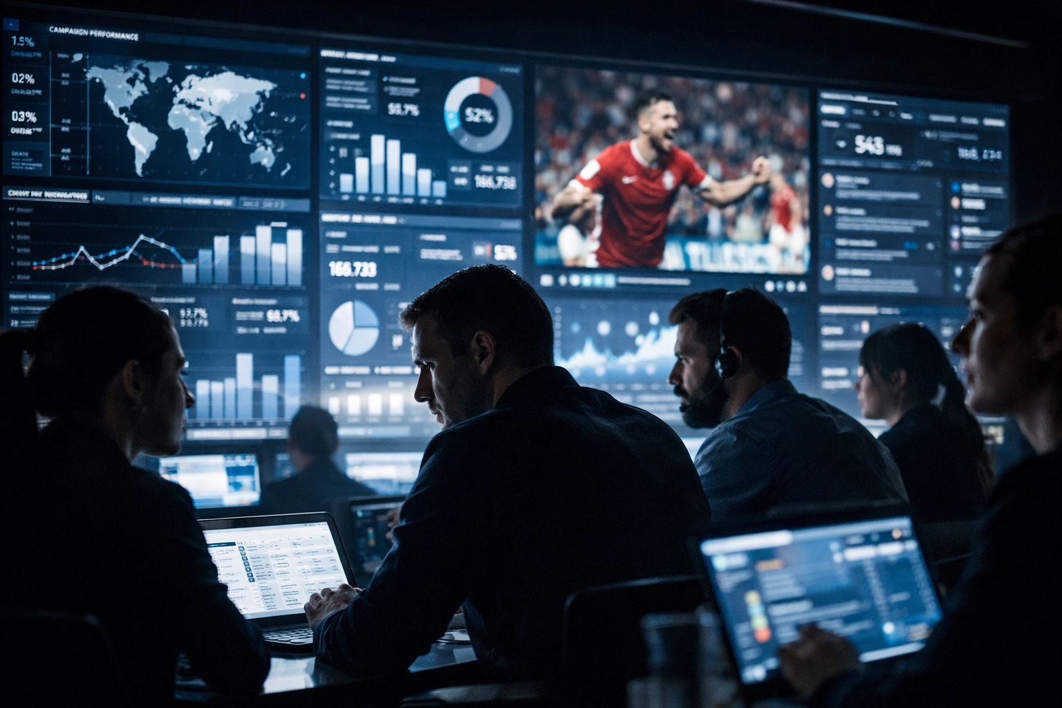 Marketing experts analyzing real-time data for a high-performance sports campaign in a modern office.