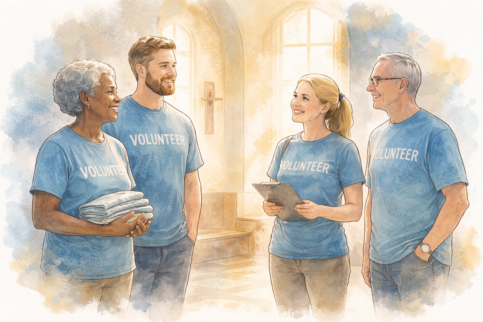 Watercolor illustration of church volunteers sharing smiles and quiet conversation in a sunlit hallway, celebrating the power of presence and gratitude.