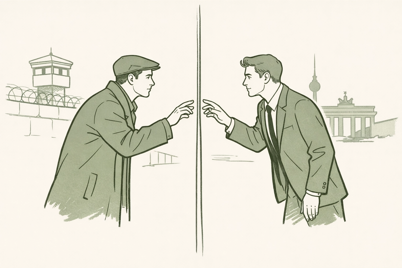 MM couple separated by Berlin Wall reaching for each other in historical gay romance