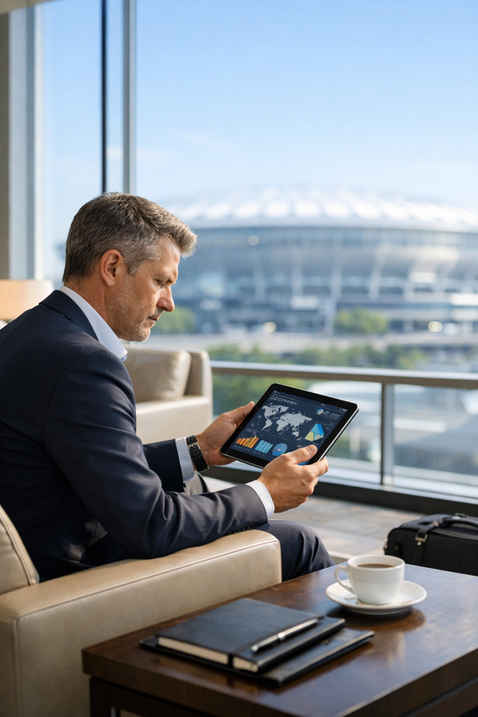 Executive in a luxury airport lounge preparing for Super Bowl networking using a digital tablet.