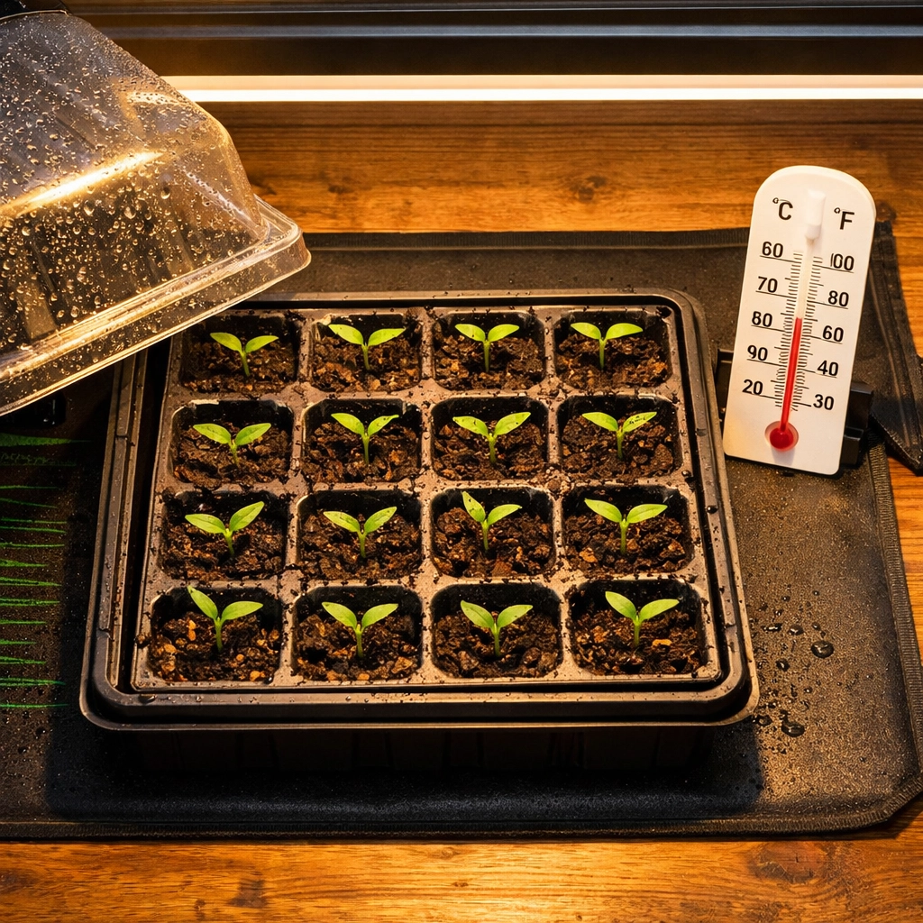 Jalapeno seedlings sprouting on a heat mat under grow lights indoors