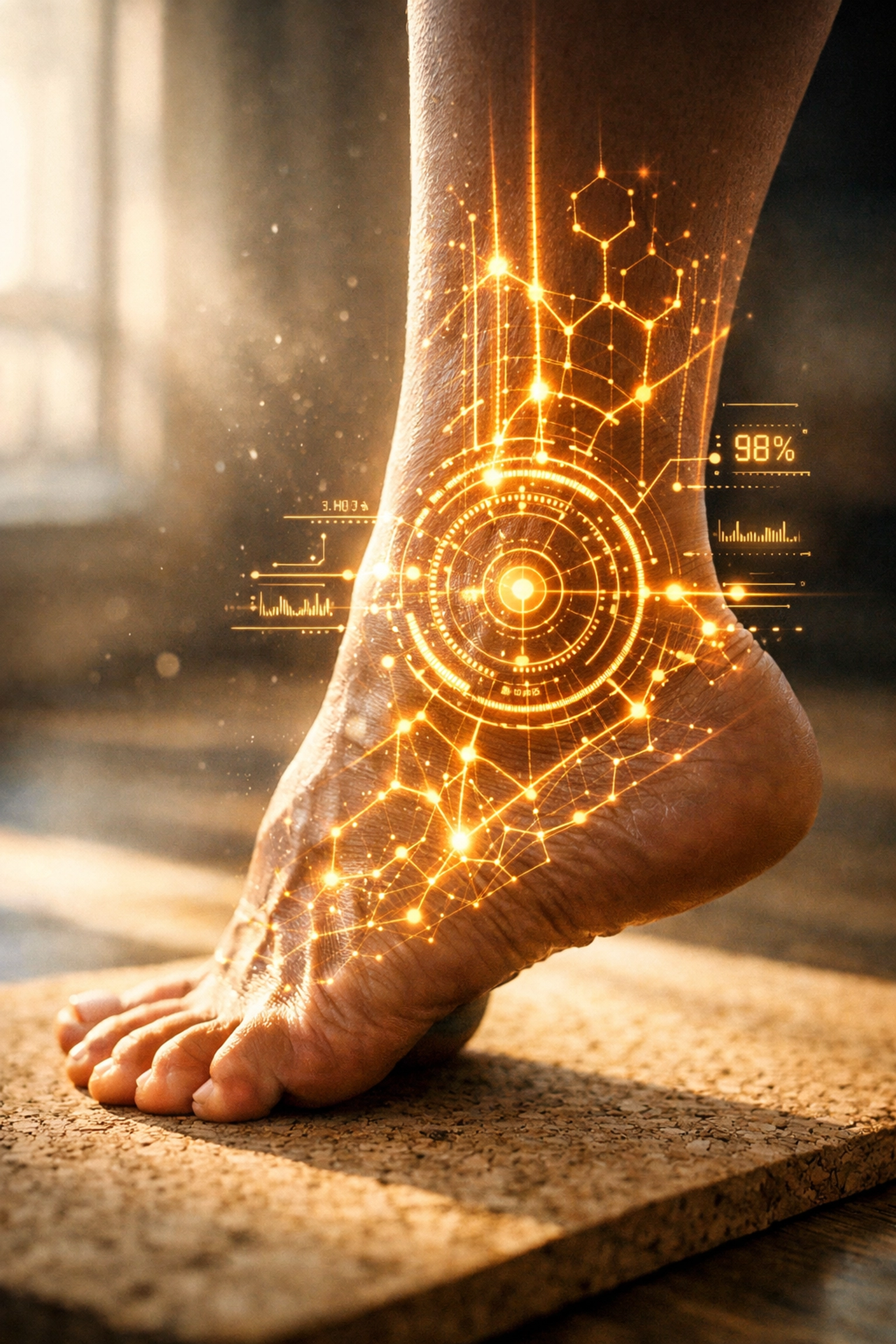 Close-up of foot proprioception and neural pathways for joint protection and balance.