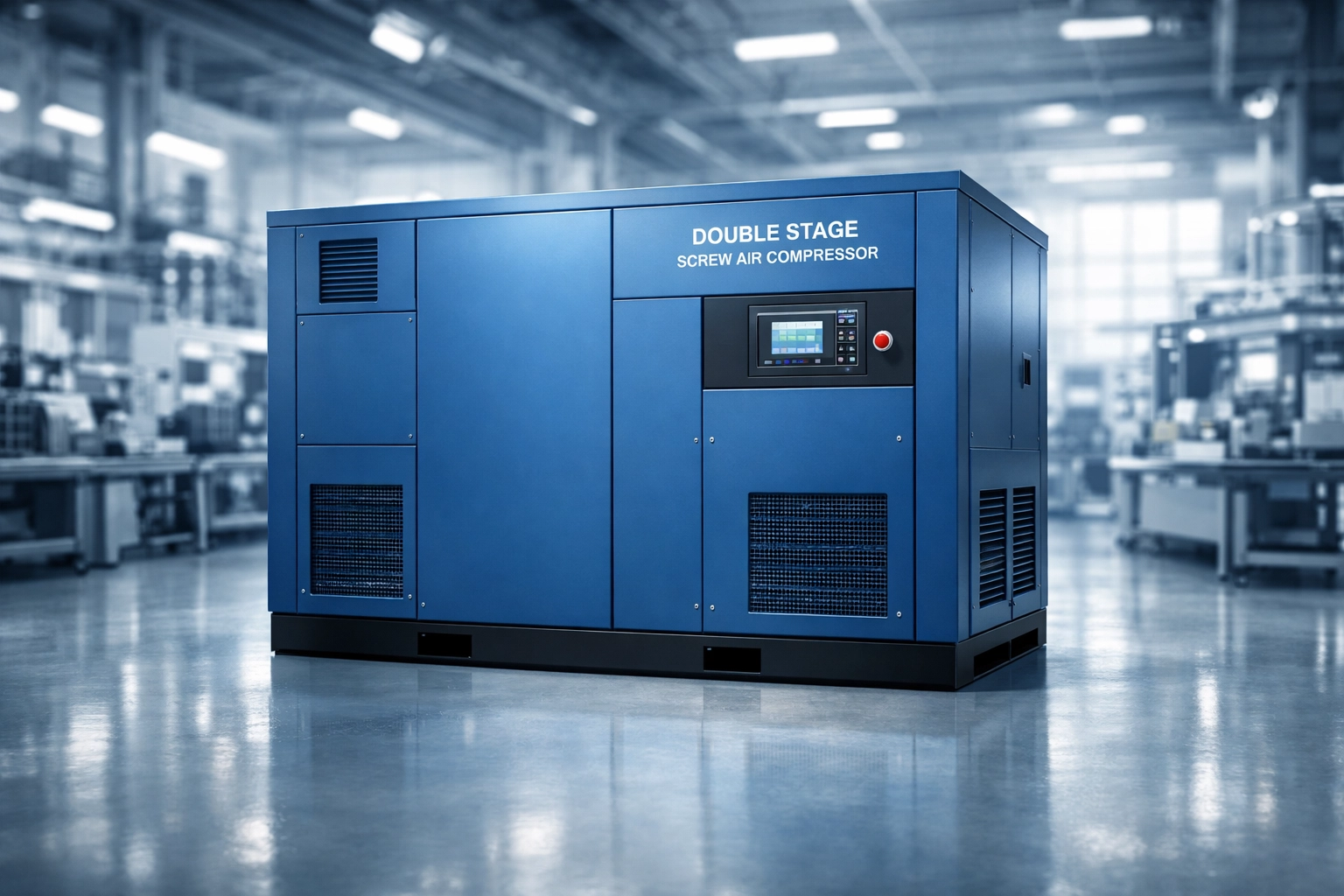 Energy-efficient double-stage heavy duty rotary screw air compressor in a clean industrial facility.