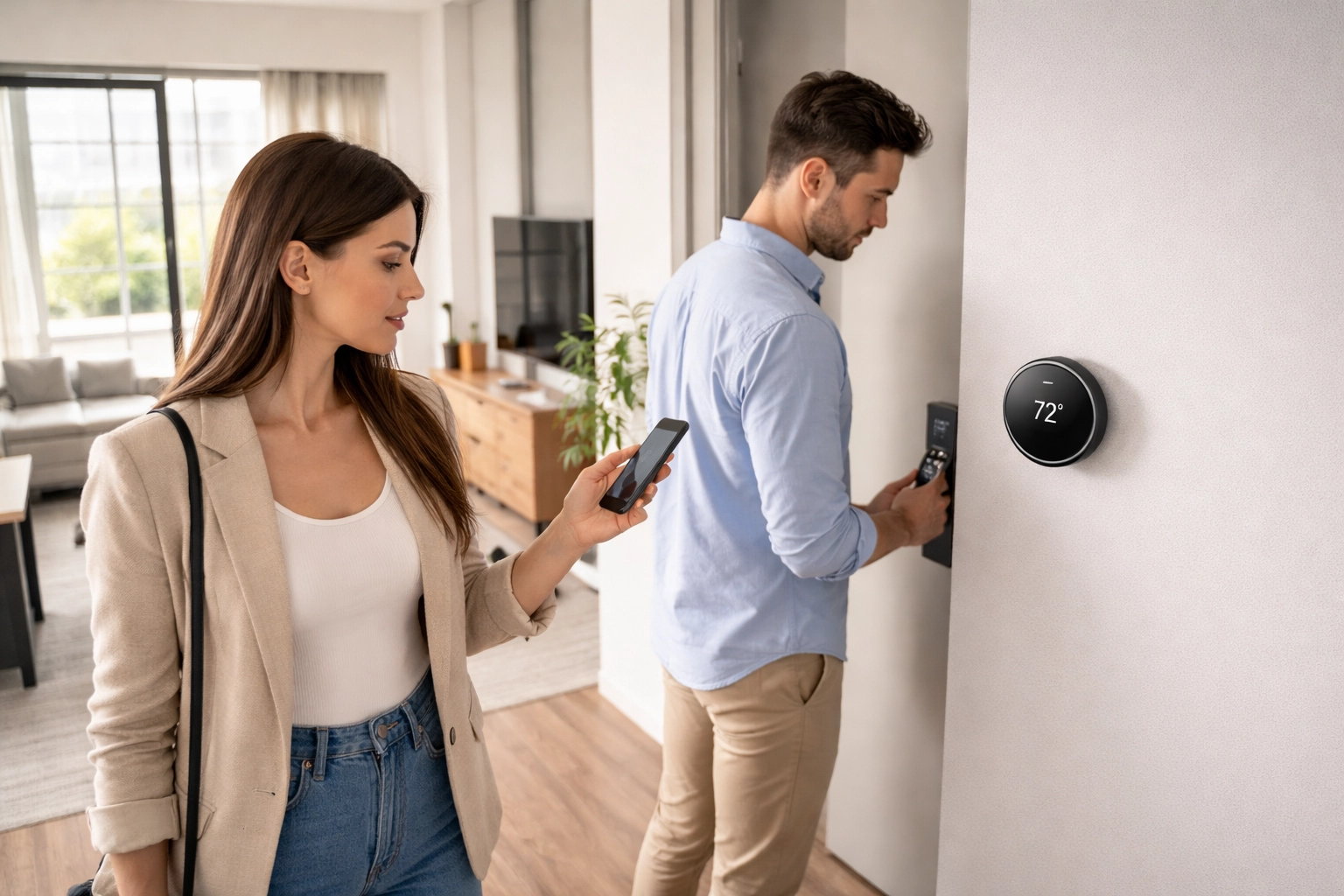 Young couple touring a modern smart apartment, using smartphone to control thermostat and explore smart lock features