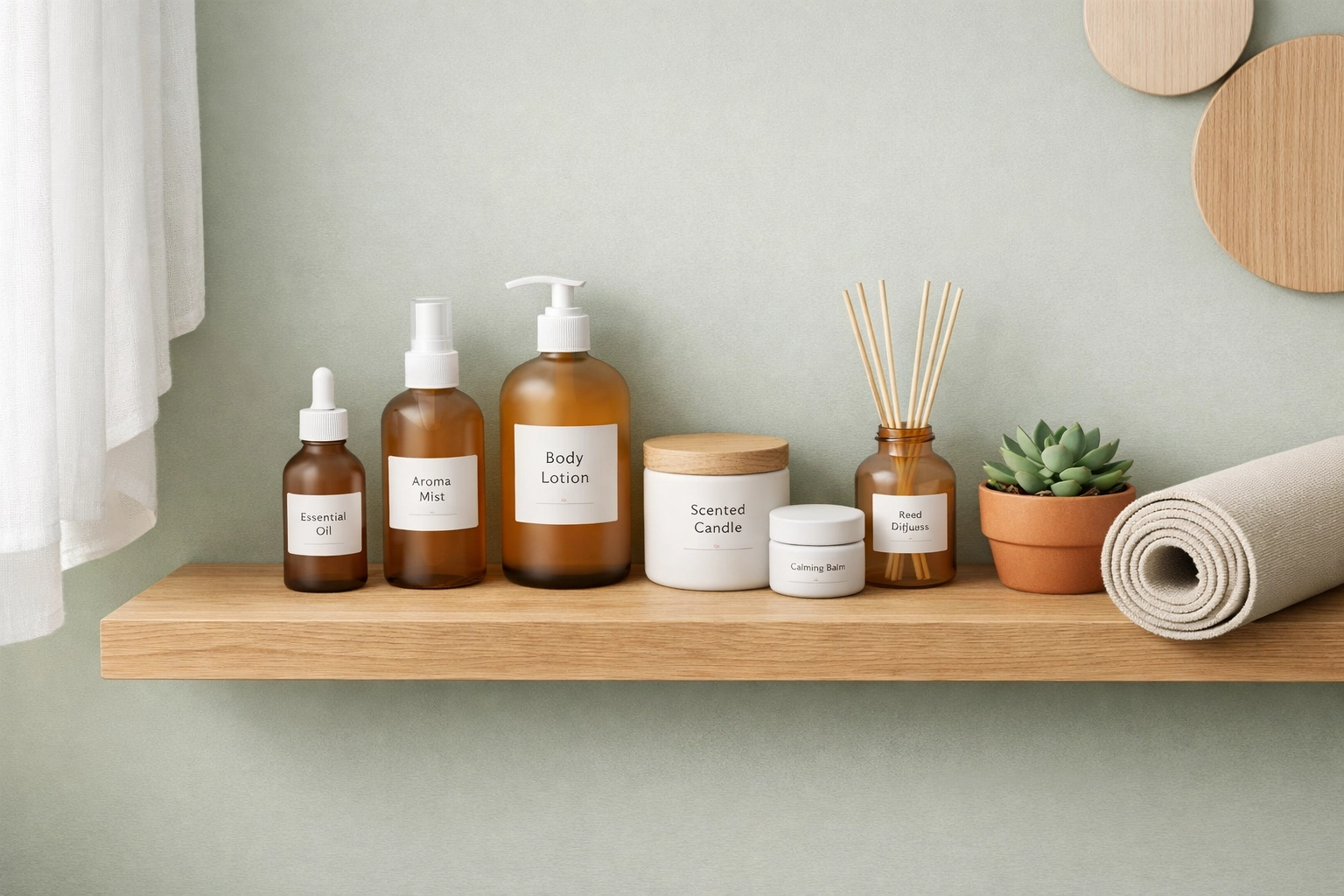 A serene wellness corner with natural products, part of a holistic wellness membership for a healthy home.