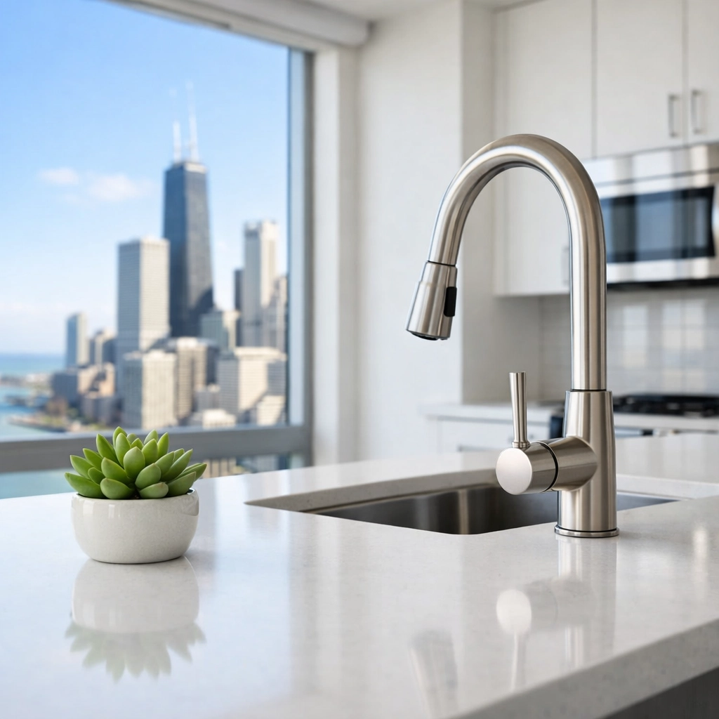 Modern move-in ready kitchen in a Chicago high-rise, reflecting property turnover efficiency.