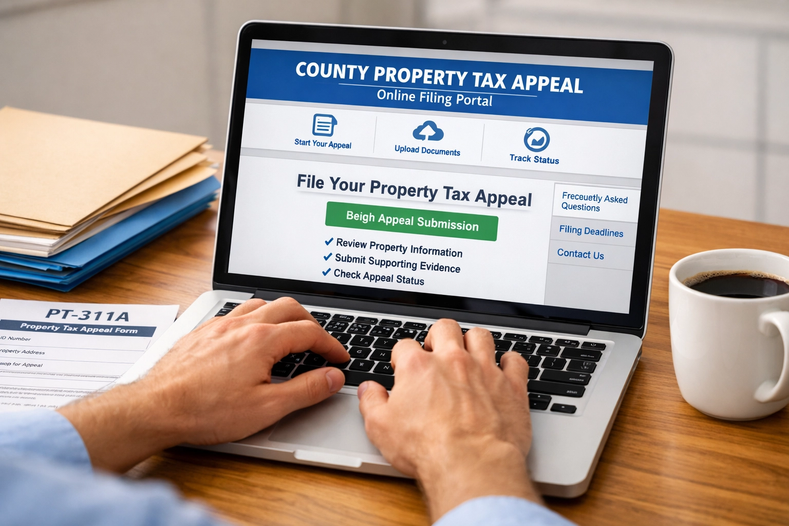 Filing property tax appeal online through county portal on laptop computer