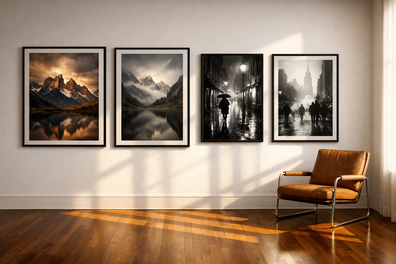 Modern home gallery displaying large landscape photography prints as professional gallery-worthy art.