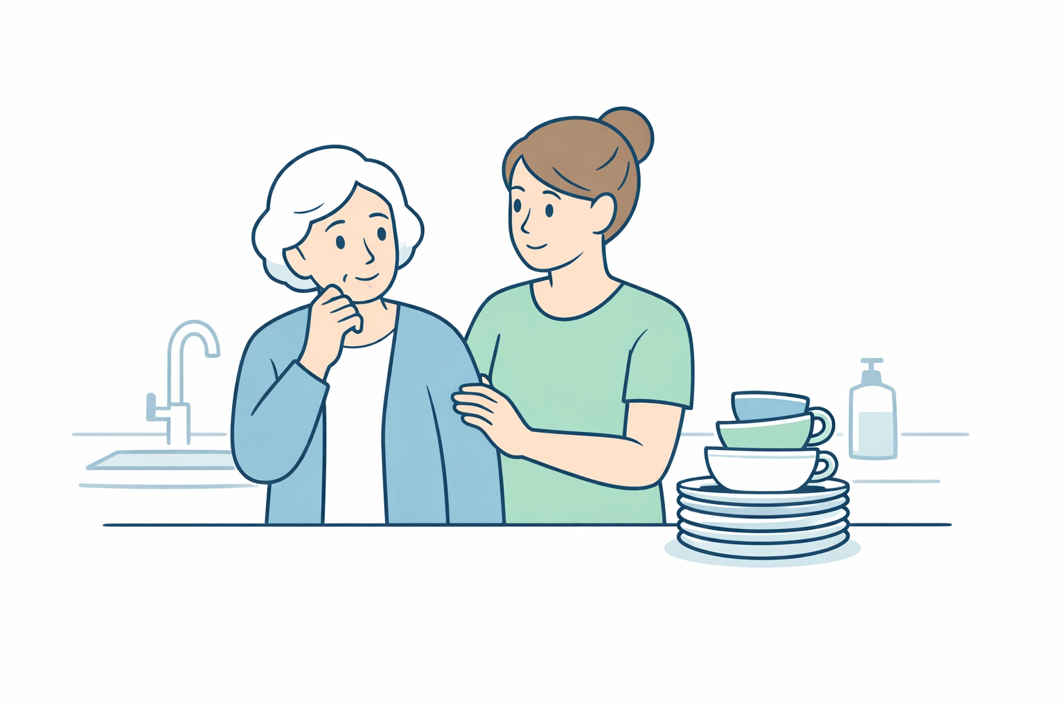 Illustration of a caregiver supporting a senior woman, highlighting in-home personal care services in Houston.
