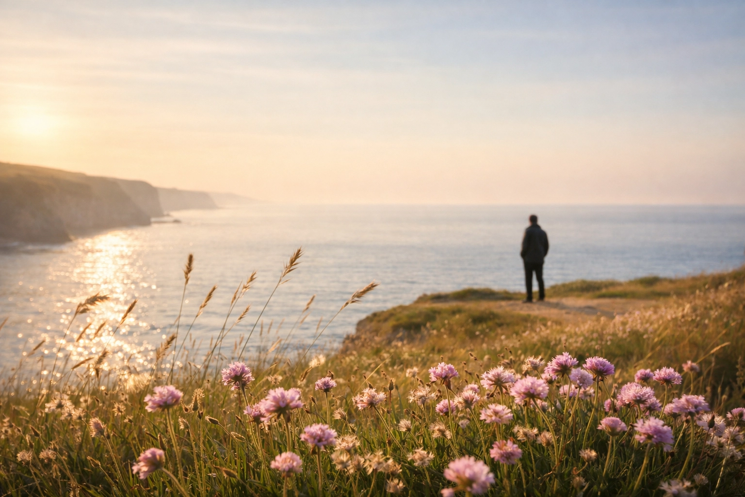 Peaceful UK clifftop overlooking the sea, providing a serene location for scattering ashes at sunset.