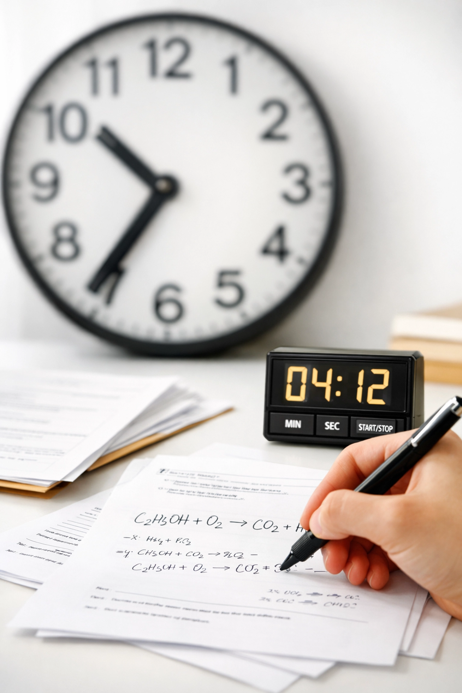 Timed A-Level Chemistry exam practice showing student writing with clock and timer