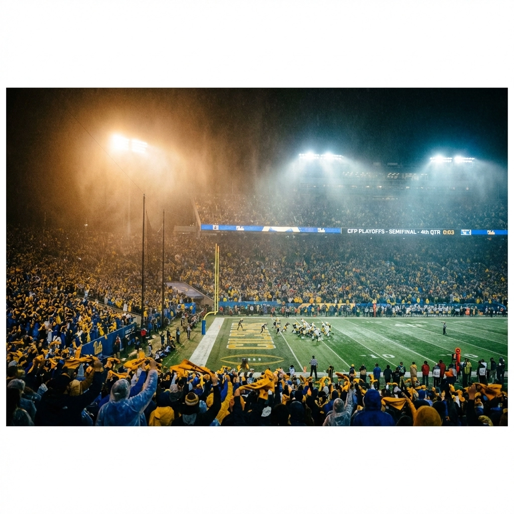 Night view of a packed college football stadium during playoffs, showcasing high-stakes experience