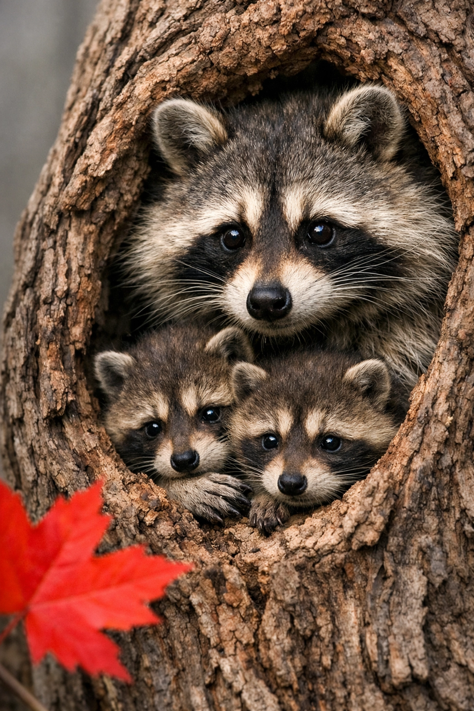 A mother raccoon and her kits in a tree, illustrating the need for humane wildlife removal in maternity season.