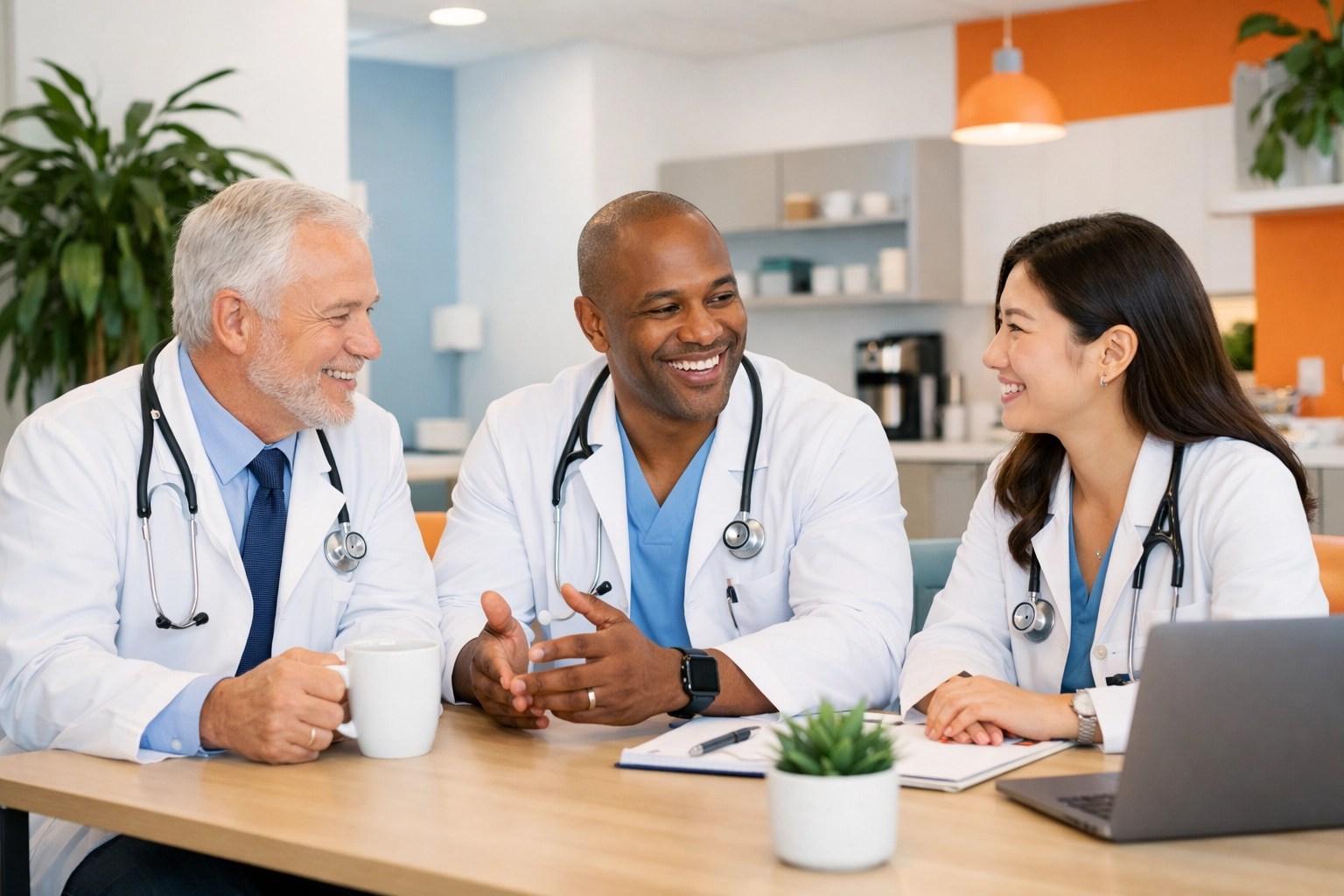 Healthcare team of diverse physicians collaborating in modern medical facility break room