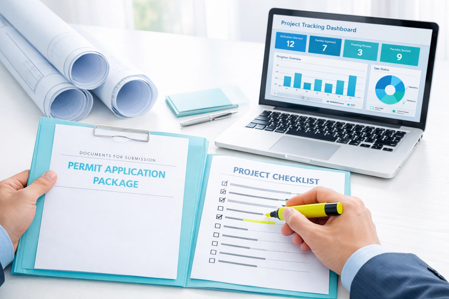 Professional Florida permit expediting services showing organized building permit applications and blueprints.