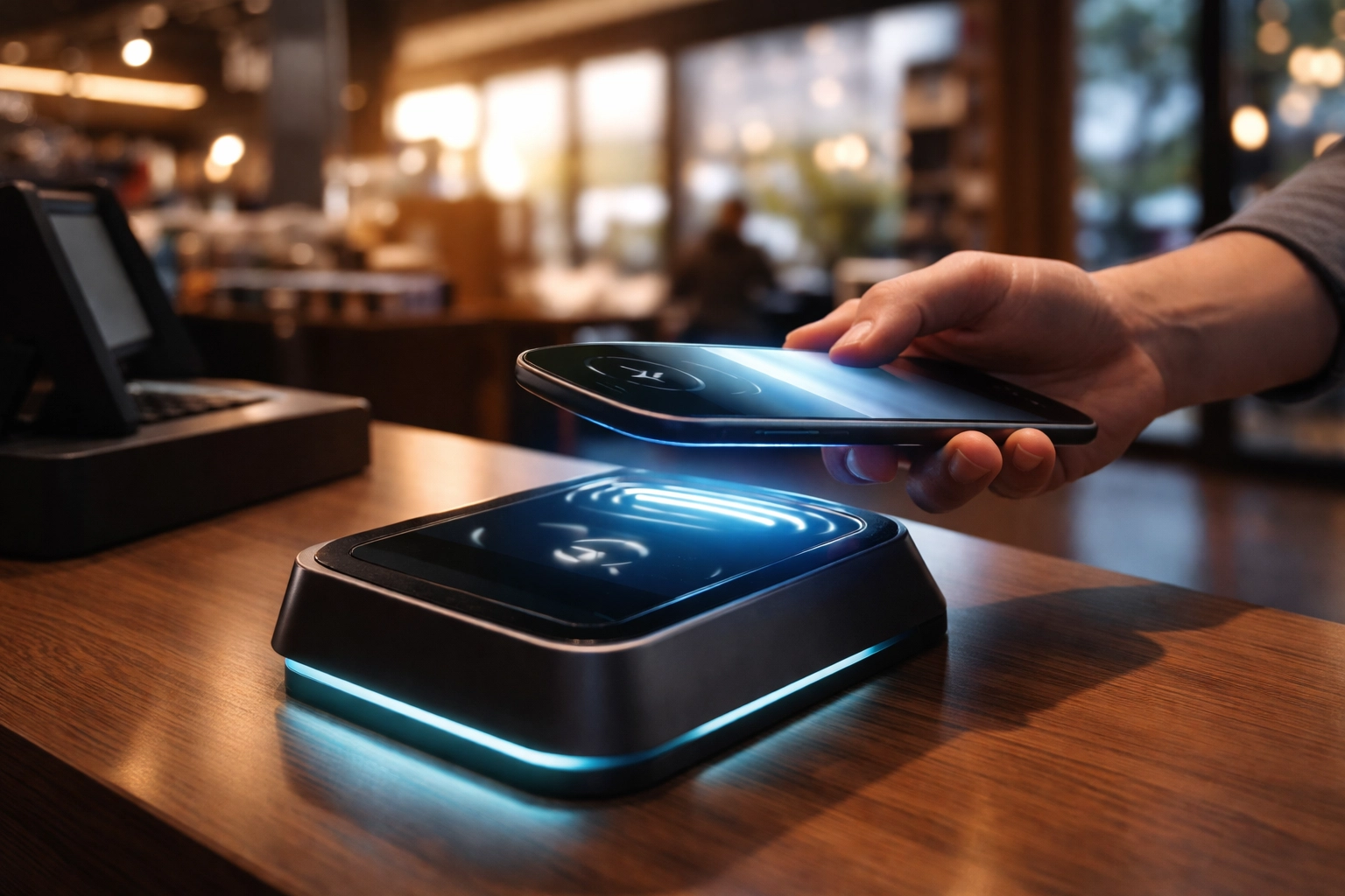 Modern retail checkout counter featuring contactless crypto POS system for small business, highlighting Web3 payment benefits.
