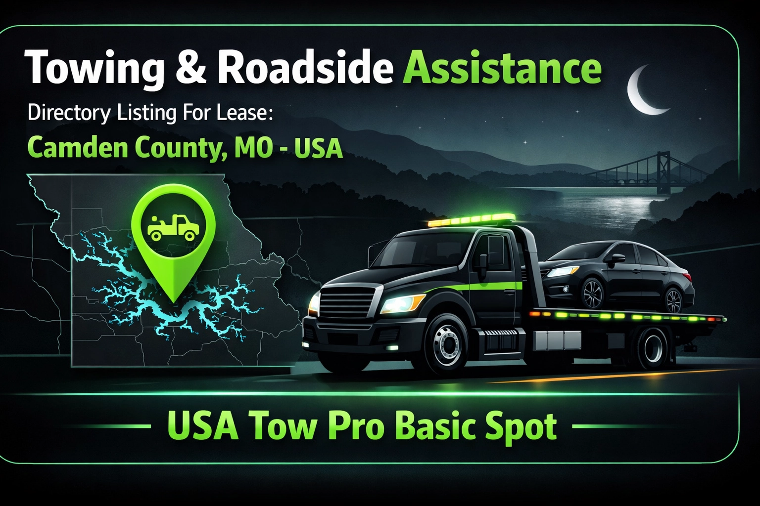 [HERO] Towing & Roadside Assistance Directory Listing For Lease: Camden County, MO - USA Tow Pro Basic Spot