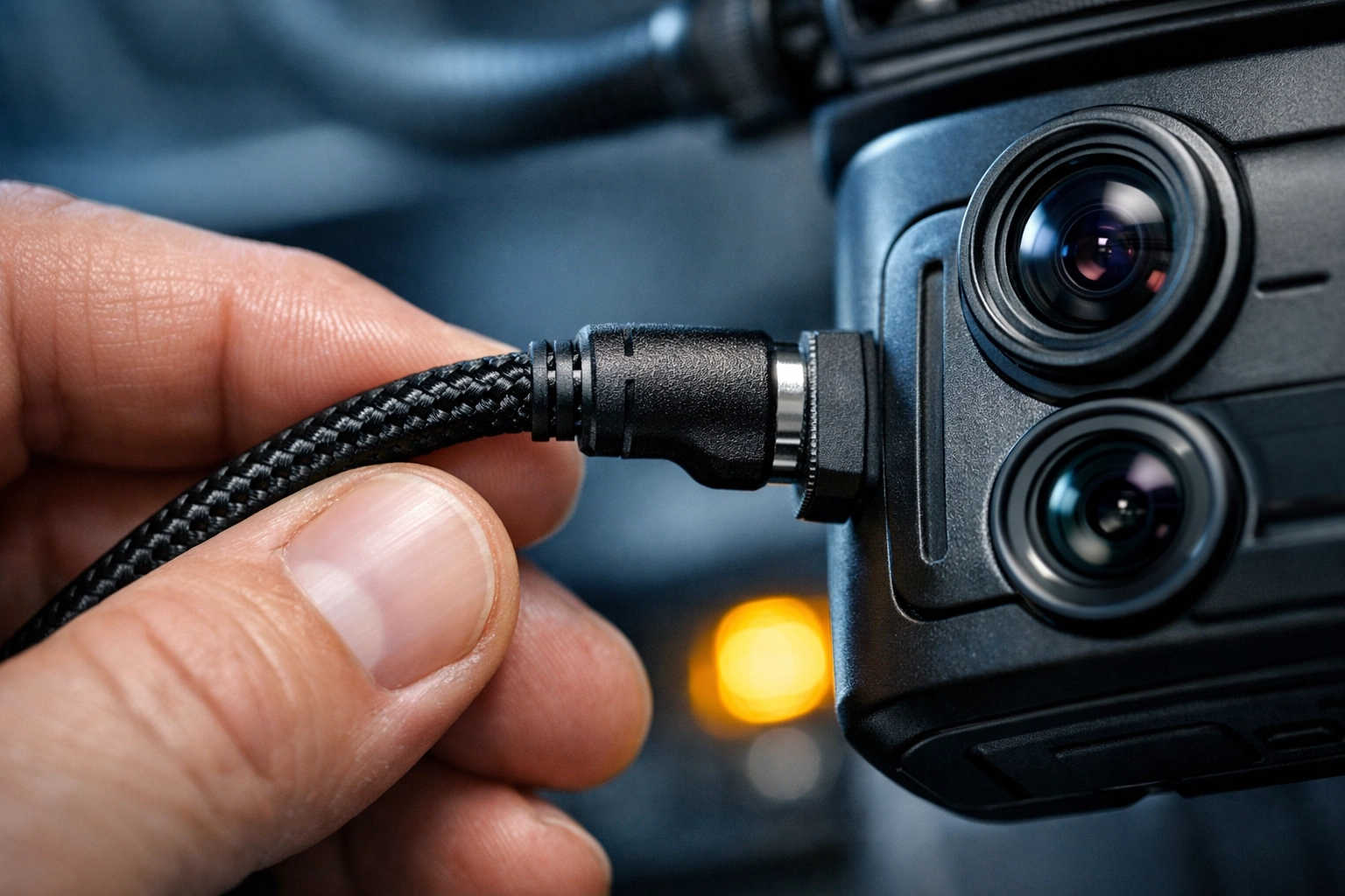 Technician inspecting a commercial dash cam power cable for spring maintenance in a truck cabin.