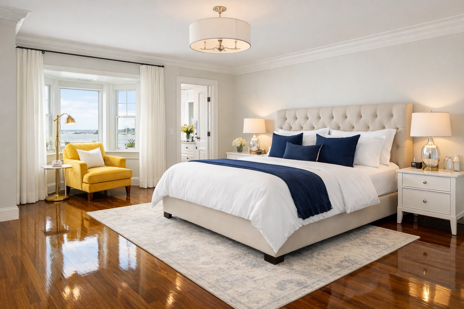 Spotless Hingham master bedroom with polished hardwood floors after a luxury residential cleaning service.
