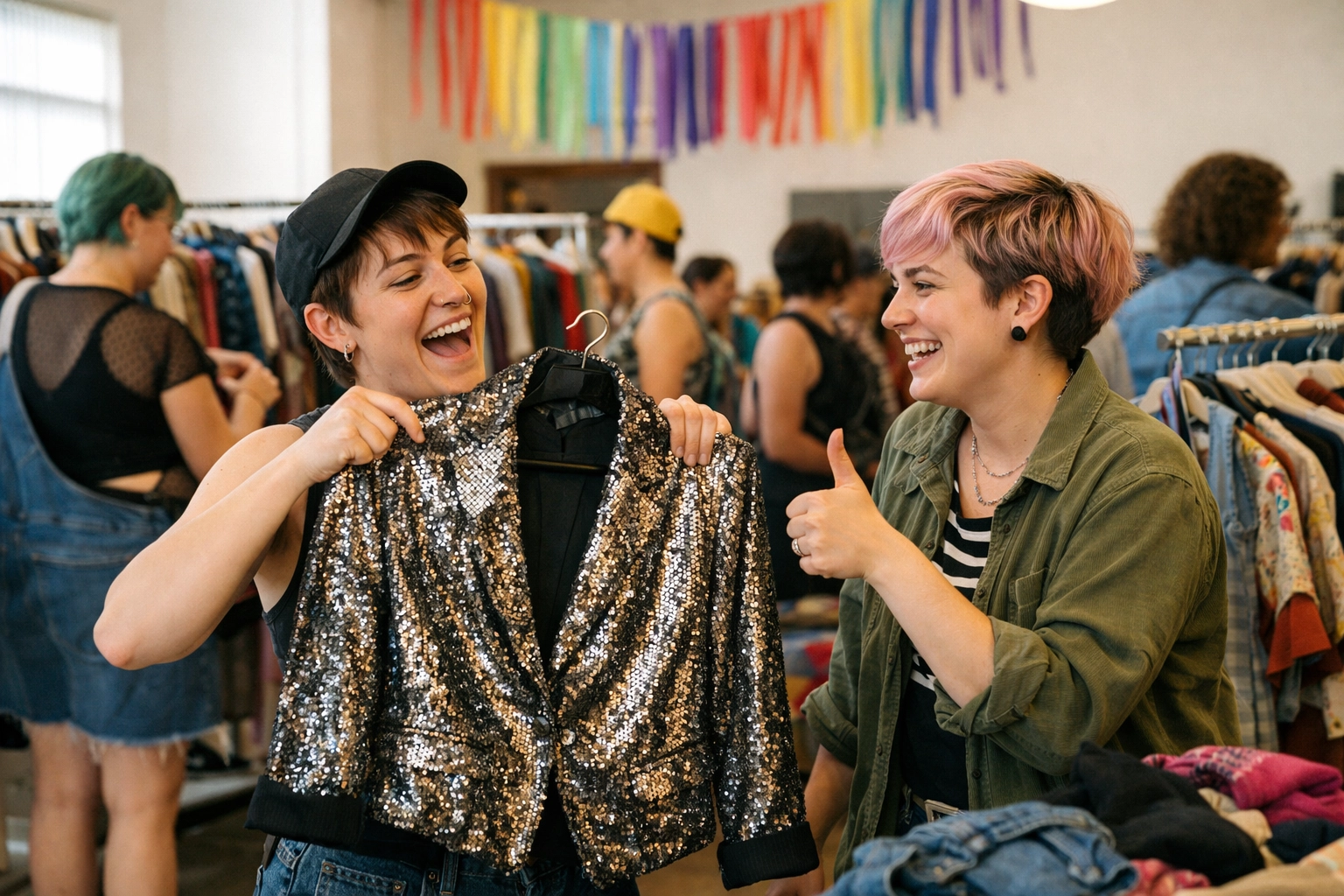 LGBTQ+ people browsing a community clothing swap, demonstrating the power of queer grassroots organizing and joy.