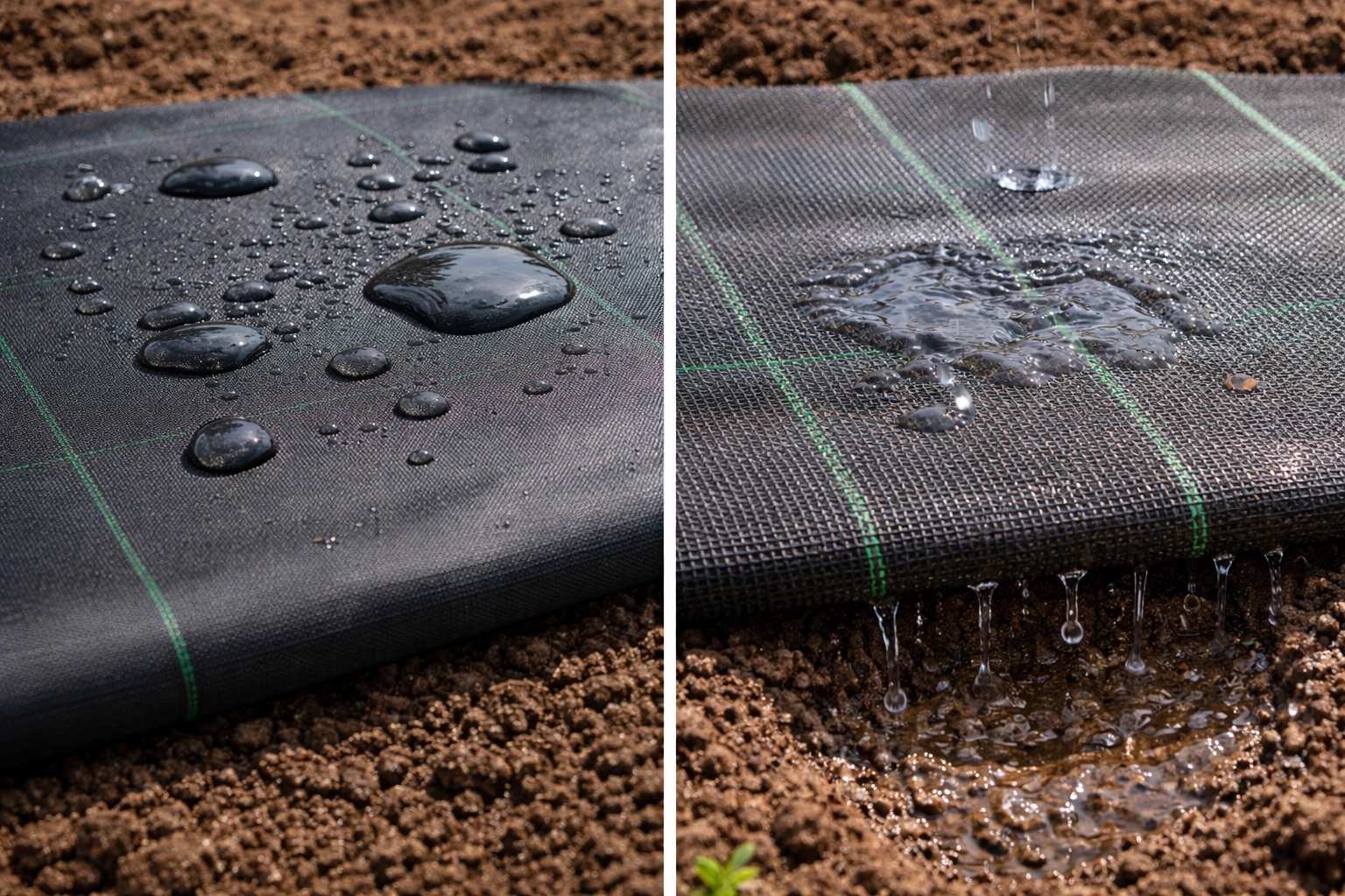 Side-by-side view of impermeable and permeable weed barriers
