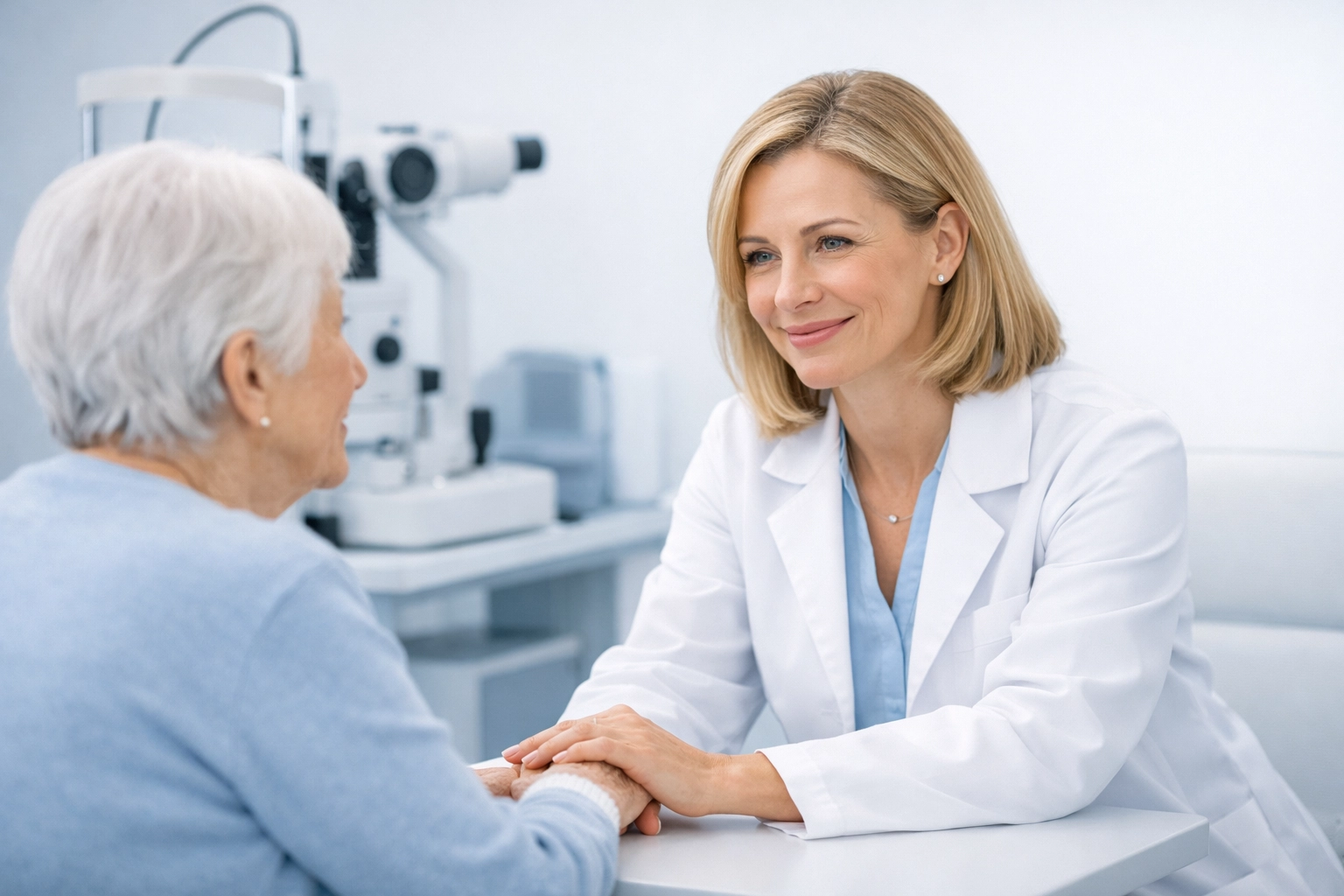 Optometrist consulting with an elderly patient about longitudinal care and G2211 medical billing.