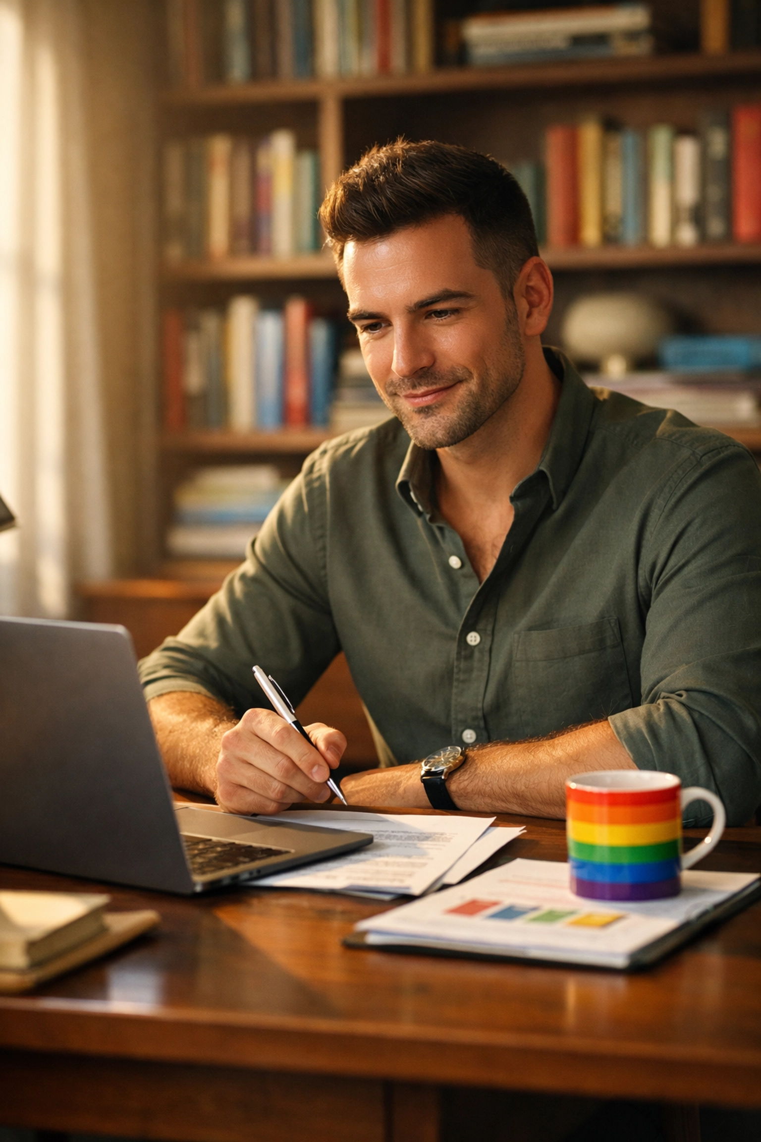 Confident gay professional at a home office desk researching salary data to prepare for a career growth meeting.