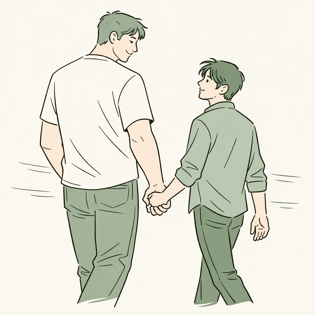 MM romance couple with height difference walking together holding hands in tender moment